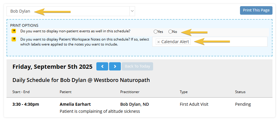  How do I change the practitioner on the daily schedule printout when logged in as an admin? - Shows the daily schedule printout with arrows pointing to the practitioner change drop-down for admins to choose different practitioners for the daily schedule printout. 
